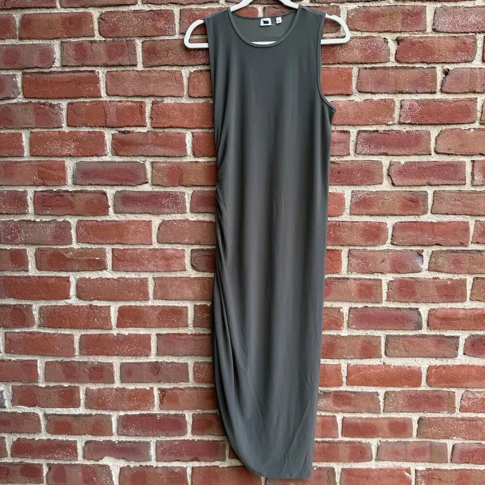 Aritzia Wilfred Smooth Matter Eavesdrop Ruched Midi Dress Dark Olive S NWOT
